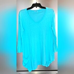 Ladies Fresh Produce Shirt Blue Asymmetrical Hem All Cotton Slub Made in USA Med